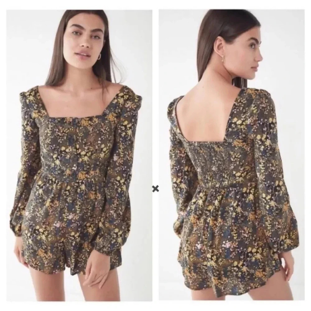 Urban Outfitters Paulina Floral Square Neck Romper, Color Black/Yellow Size SP